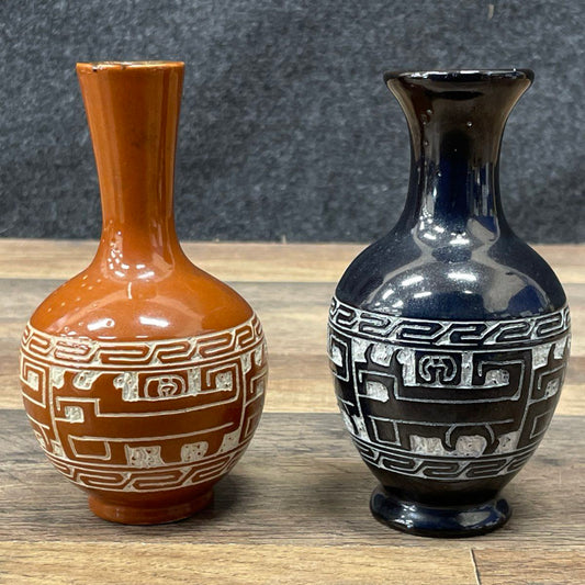 Vintage Pair Hand Carved Sgraffito Pottery Vases Aztec Style Black Brown Set