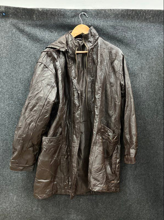 Vintage 90s Brown Patchwork Genuine Leather Hooded Parka Coat Jacket Sz XL