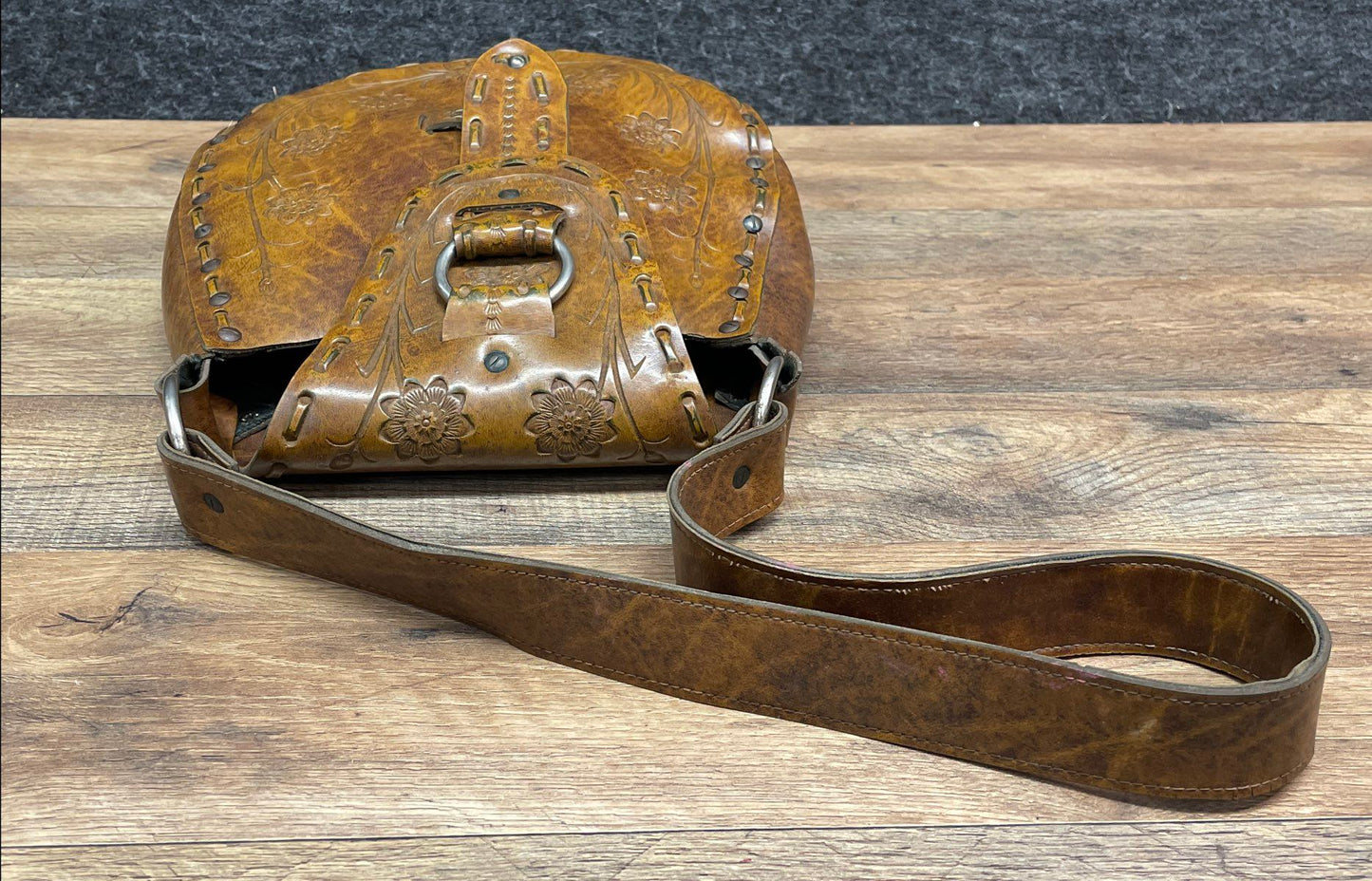 Vintage 1970s Brown Tooled Leather Floral Handmade Shoulder Bag