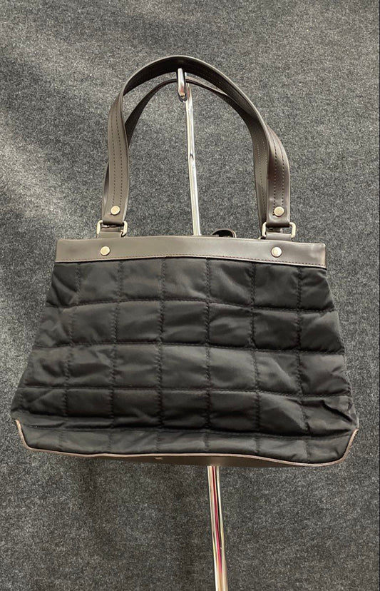 Jones New York Black Quilted Fabric Tote Bag Brown Leather Trim Shoulder Bag