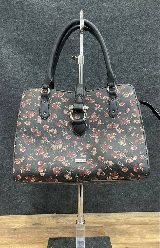 Chaps Black Red Floral Print Pebbled Faux Leather Satchel Bag Silver Hardware