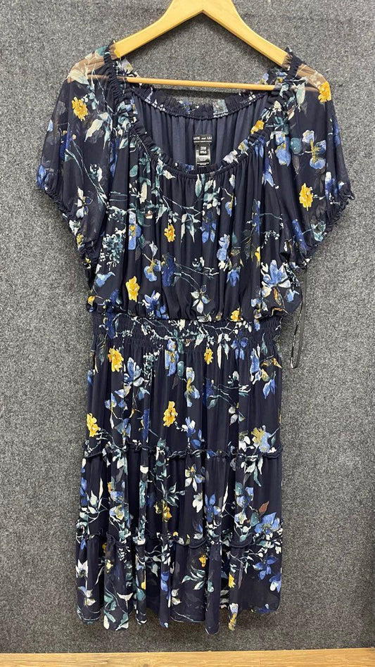 Kate and Lily Women's Navy Blue Floral Smocked Waist Tiered Dress Sz 20W