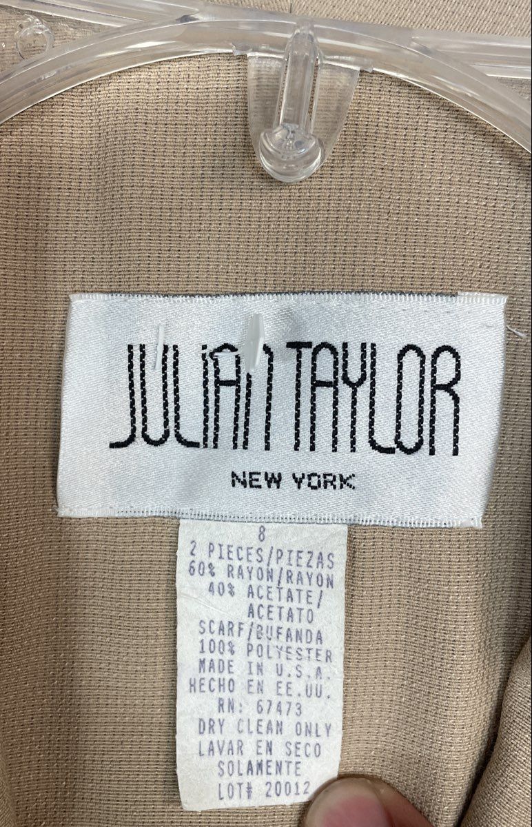 Vintage 90s Julian Taylor Women's Tan Shawl Collar Button Front Midi Dress Sz 8