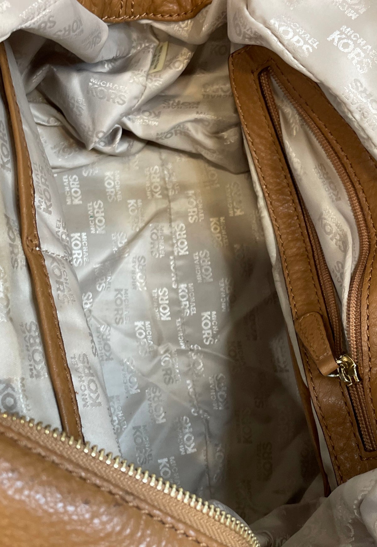 Michael Kors Tan Pebbled Leather Shoulder Bag Large Gold Buckle Detail