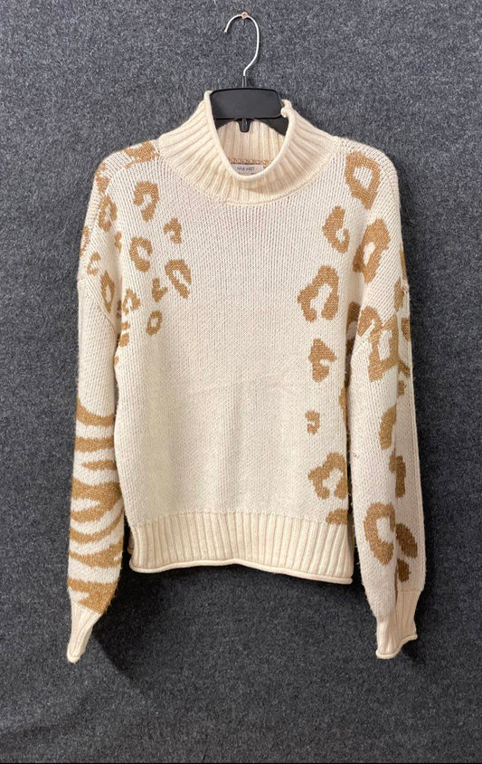 Nine West Women's Sweater Cream Tan Leopard Zebra Print Mock Neck Boxy Sz M