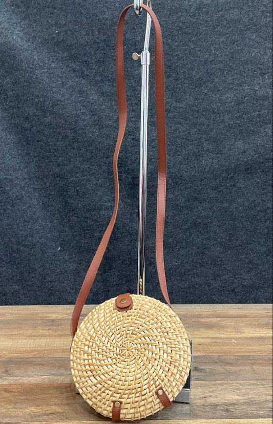 J.Crew Tan Natural Rattan Round Canteen Crossbody Bag Striped Lining NWT