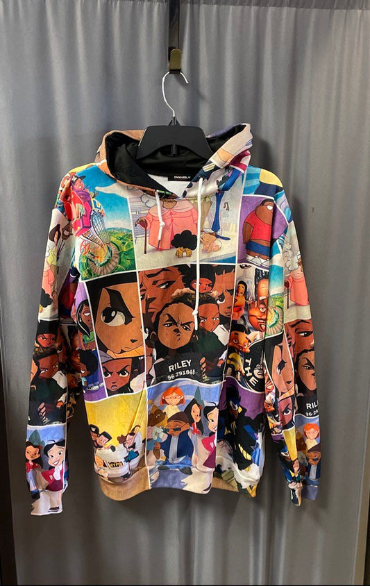 DYKHMILY Men's Boondocks Bebe's Kids Animation All-Over Print Hoodie Sz M