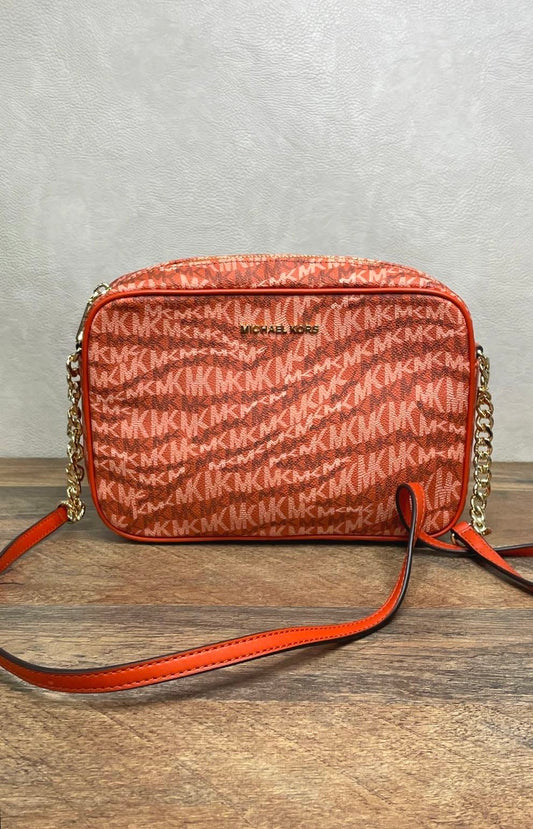 Michael Kors Red Monogram Zebra Print Crossbody Camera Bag Gold Hardware