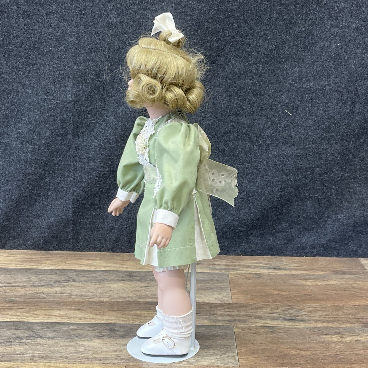 Vintage Porcelain Doll 16" Blonde Hair Brown Eyes Green Dress Lace Trim