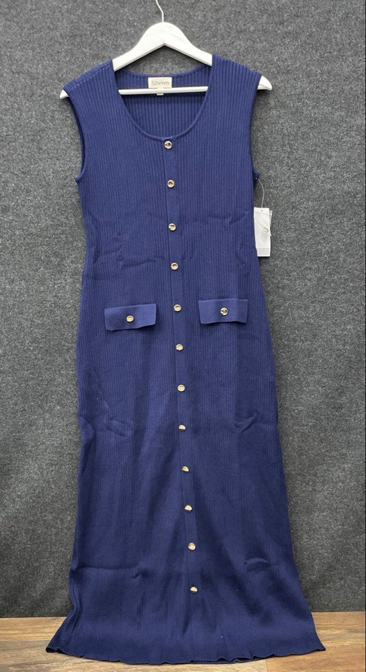 52seven Women's Navy Blue Ribbed Knit Sleeveless Maxi Dress NWT Size L