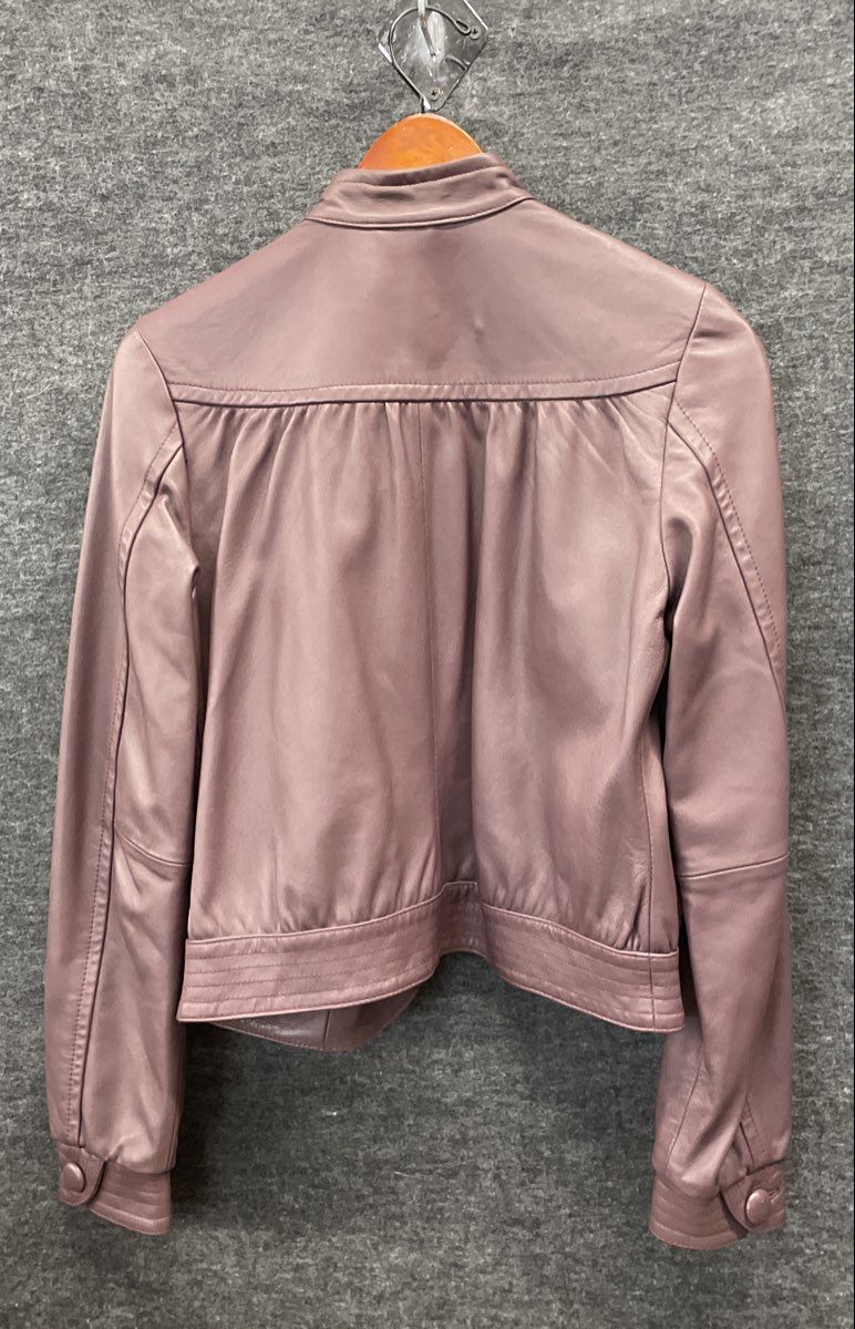 H&M Women's Purple Leather Button Front Stand Collar Pleated Yoke Jacket Sz 6