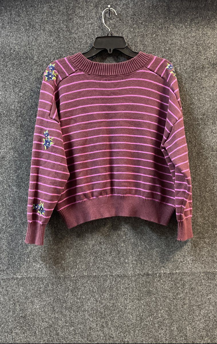 Joseph A Women's Purple Striped Floral Embroidered Crewneck Sweater Sz M