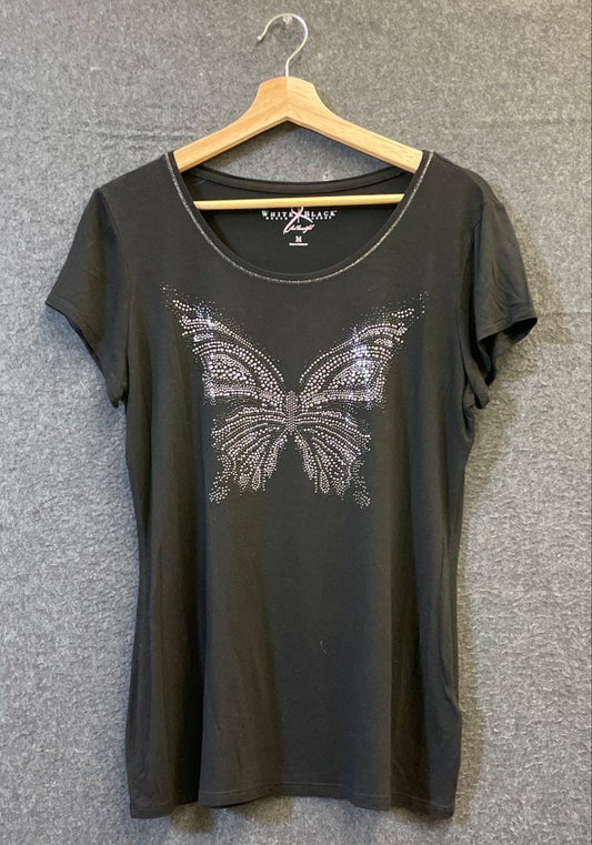 White House Black Market Women's Black Rhinestone Butterfly Embellished Shirt M