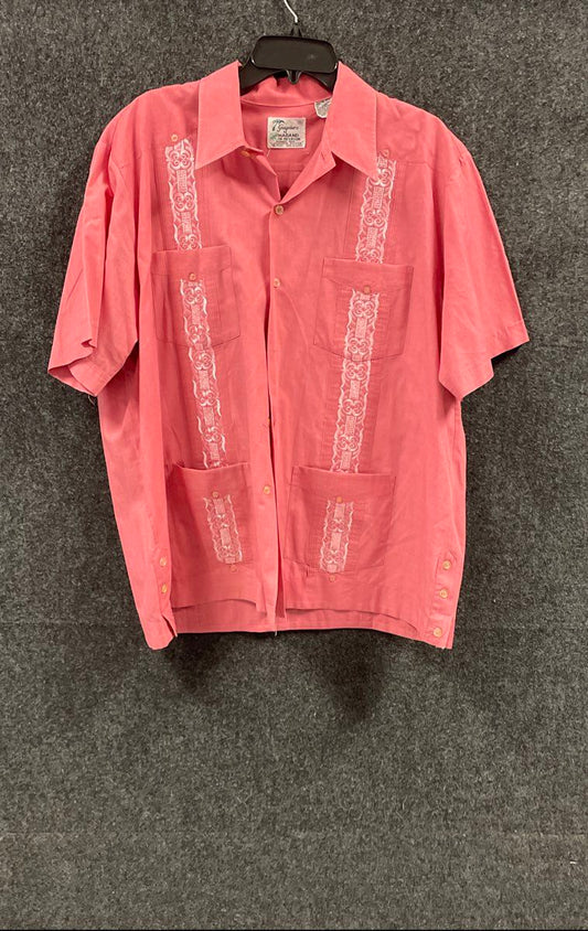 Vintage 90s Haband Men's Pink Short Sleeve Embroidered Guayabera Shirt Size XL
