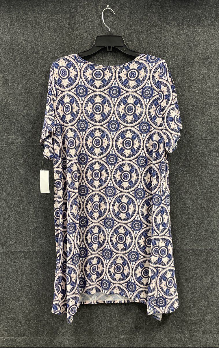 Living Doll Women's Blue Ivory Geometric Medallion Sharkbite Hem Dress Sz 1X NWT