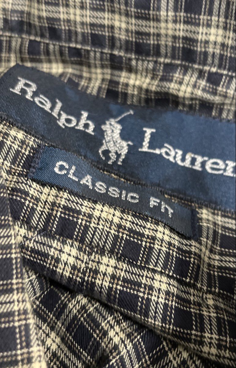 Ralph Lauren Classic Fit Plaid Button Down Shirt Long Sleeve Navy Tan Sz XL