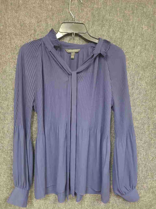 Banana Republic Women's Blue Micro Pleated Tie Neck Ruffle Blouse Petite Sz S