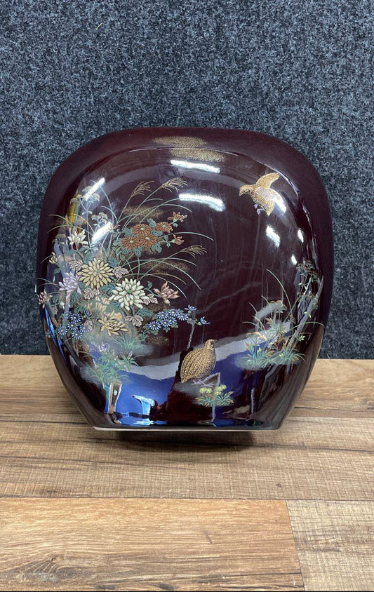 Vintage Japanese Ceramic Oval Vase Gilt Quail Birds Floral Motif Black Glaze