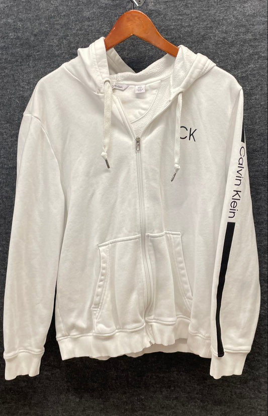 Calvin Klein Women's White Full Zip Hoodie CK Logo Sleeve Stripe Size L