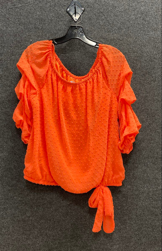 Cece Women's Orange Swiss Dot Ruffle Sleeve Side Tie Blouse Top Size L