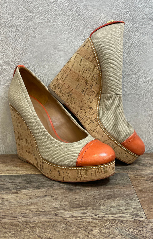 Tory Burch Canvas Orange Leather Toe Cork Platform Wedge Heels Size 7M