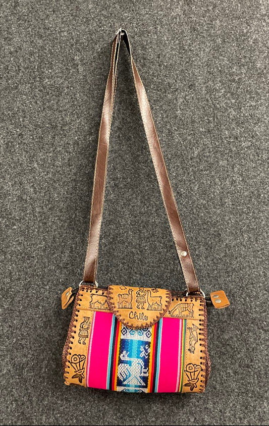 Handcrafted Chilean Tooled Leather Woven Textile South American Crossbody Bag