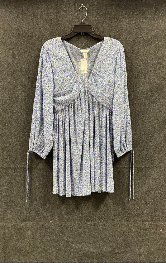 H&M Women's Blue White Floral Plisse Pleated Long Sleeve V-Neck Dress NWT Sz L