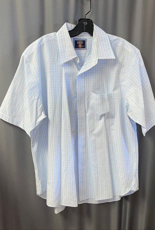 Arrow Men's Blue White Plaid Short Sleeve Button Up Shirt Size L