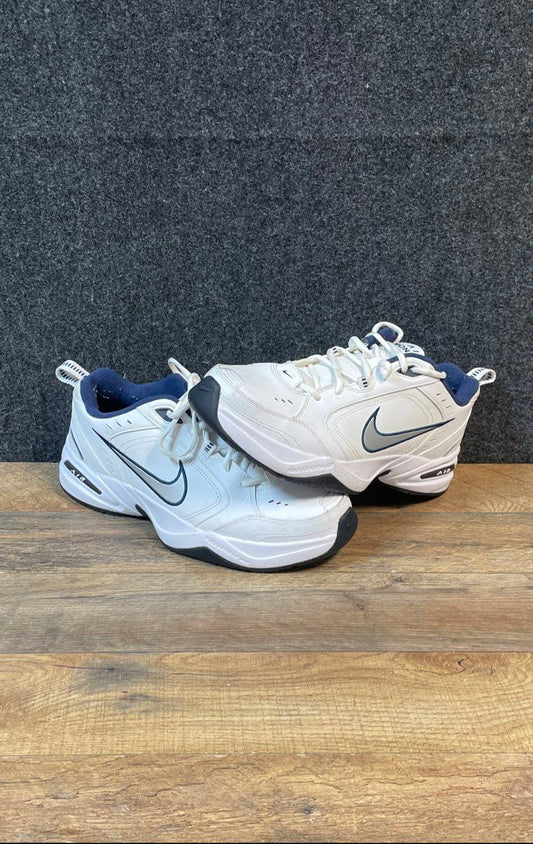 Nike Air Monarch IV White Navy Metallic Silver Cross Training Shoes Size 12