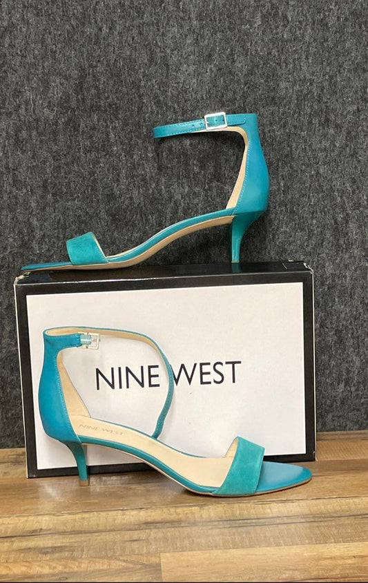 Nine West Farlee Teal Blue Faux Suede Kitten Heel Sandals Women's Size 8
