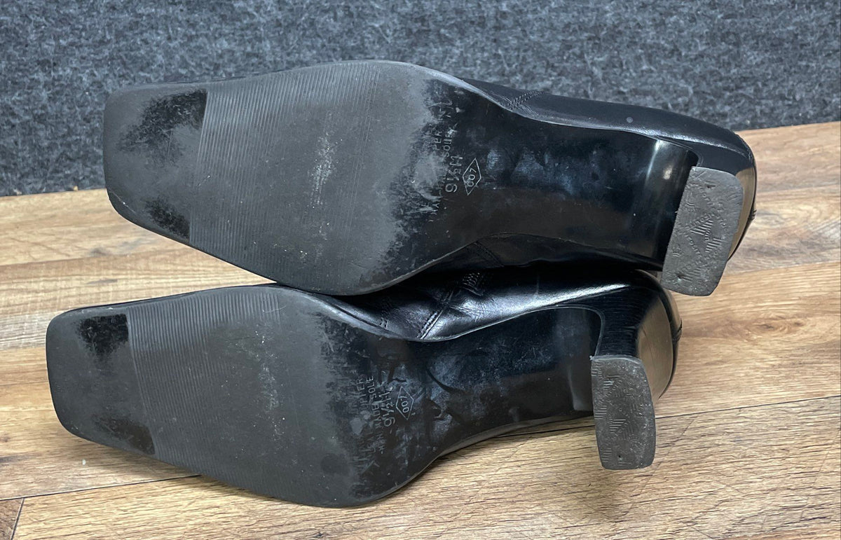 Vintage 90s Maripe Black Leather Square Toe Heeled Ankle Boots Size 9.5