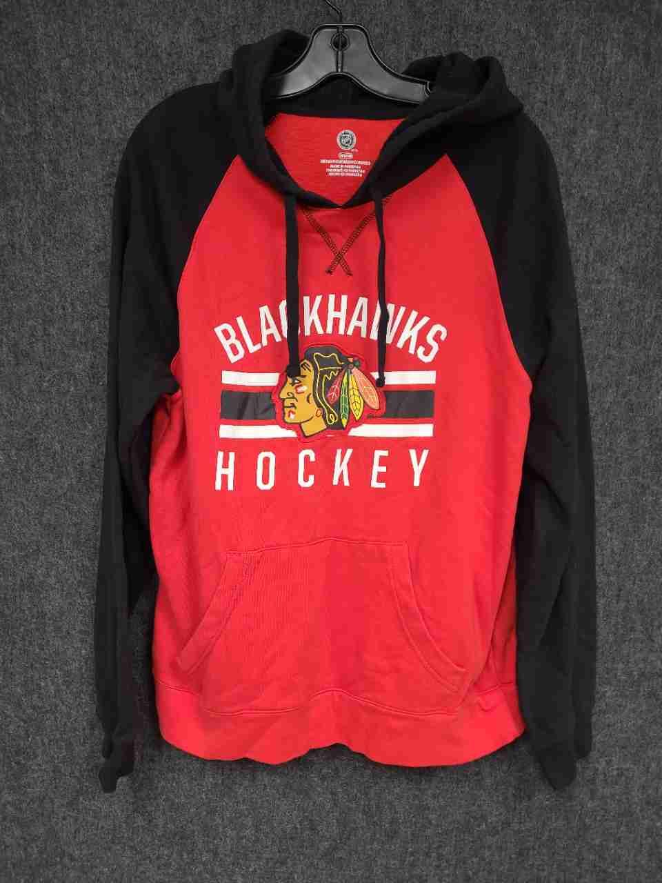 NHL Men's Chicago Blackhawks Hockey Hoodie Red Black Raglan Pullover Sz M