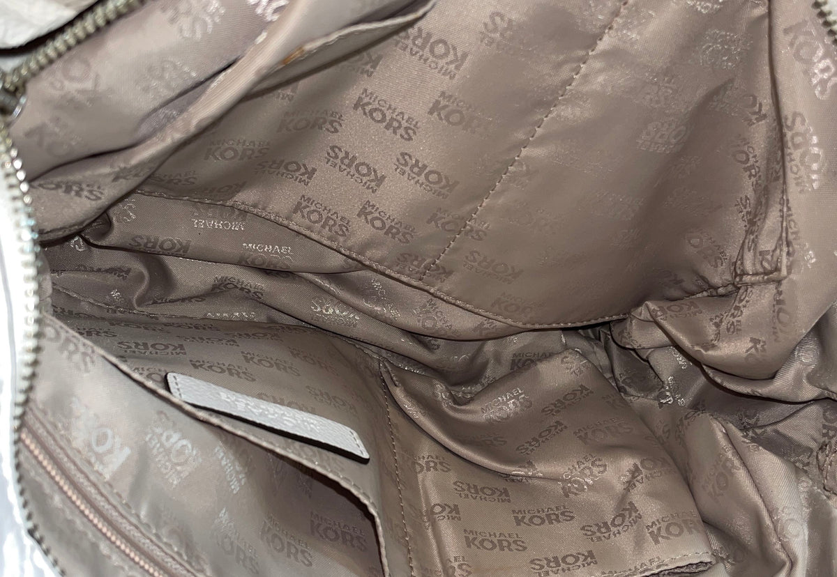 Michael Kors White Pebbled Leather Shoulder Bag Hobo Silver Chain MK Logo
