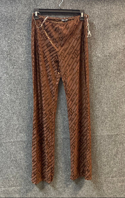 Fashion Nova Women's Brown Flocked Logo Mesh Cut Out Side Pants Sz L