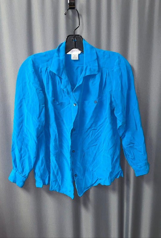 Vintage 80s Silverleaf Women's Teal 100% Silk Button Up Blouse Size 6