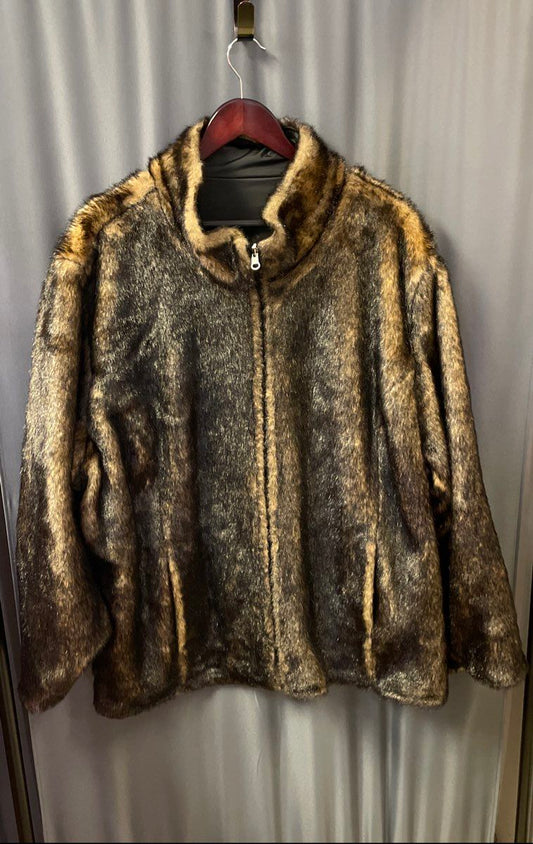 Venezia Women's Reversible Jacket Brown Gray Faux Fur Full Zip Up Sz 26/28