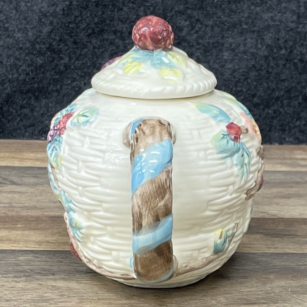 Vintage Majolica Style Blackberry Teapot Ceramic Basketweave Hand Painted