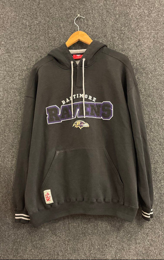 NFL Men's Baltimore Ravens Pullover Hoodie Black Applique Logo Striped Cuffs XL