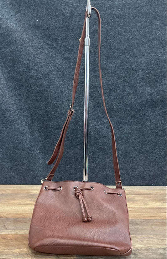 American Eagle Brown Pebbled Faux Leather Drawstring Bucket Crossbody Bag