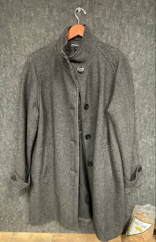 Jones New York Women's Gray Black Herringbone Button Front Long Coat Size 12