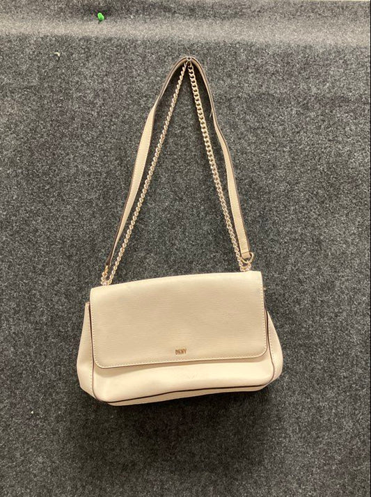 DKNY Off-White Textured Leather Flap Shoulder Bag Gold Tone Chain Strap