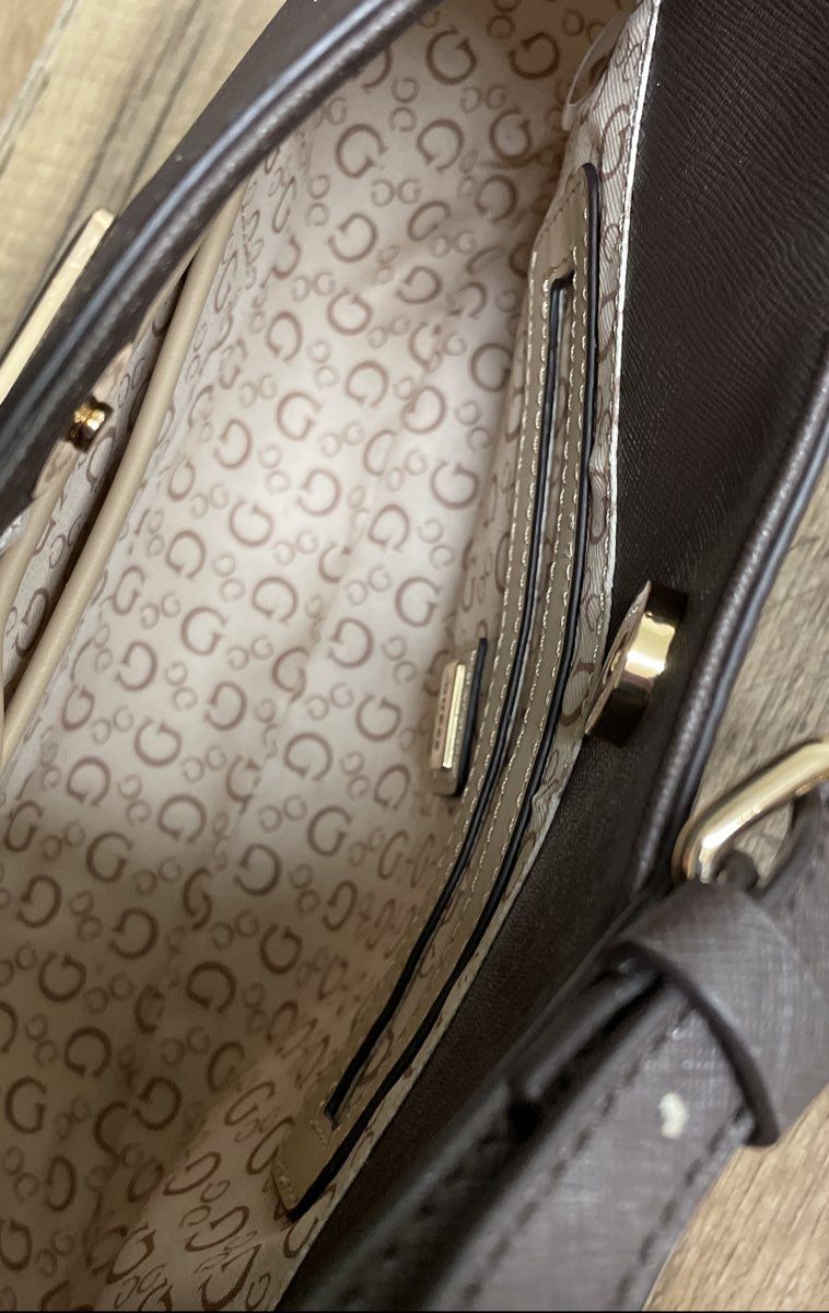 GUESS Brown Saffiano Leather Noelle II Shoulder Bag Gold Hardware