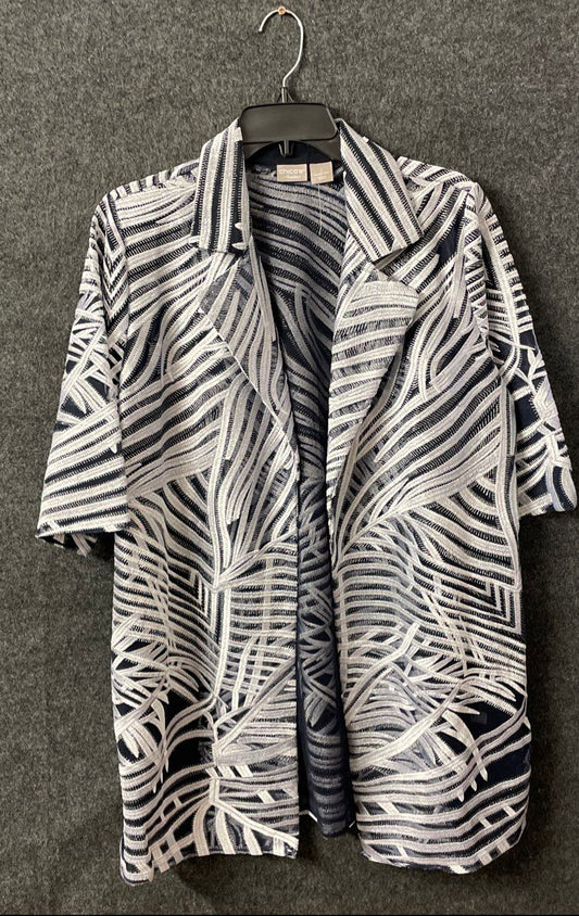 Chico's Women's Travelers Jacket Black White Mesh Embroidered Palm Print Sz 2