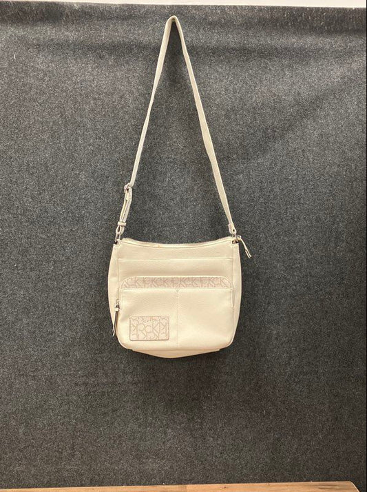 Calvin Klein Off-White Pebbled Crossbody Bag Logo Strap Monogram Trim Large