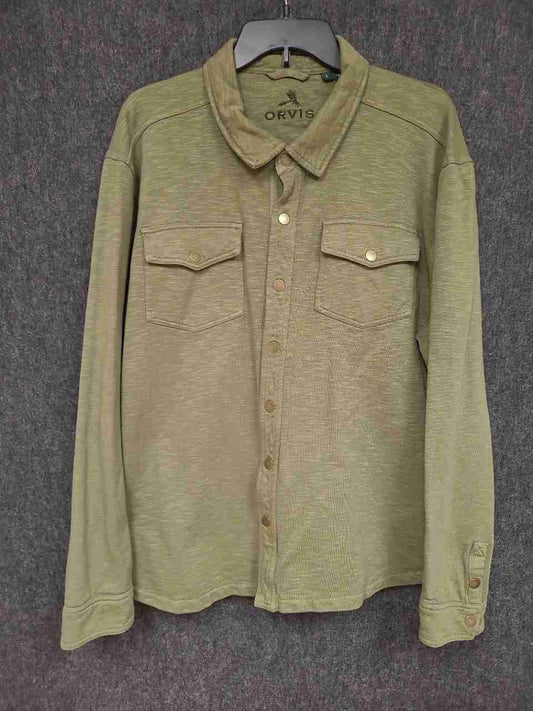 Orvis Men's Olive Green Slub Knit Cotton Snap Front Utility Shirt Size L