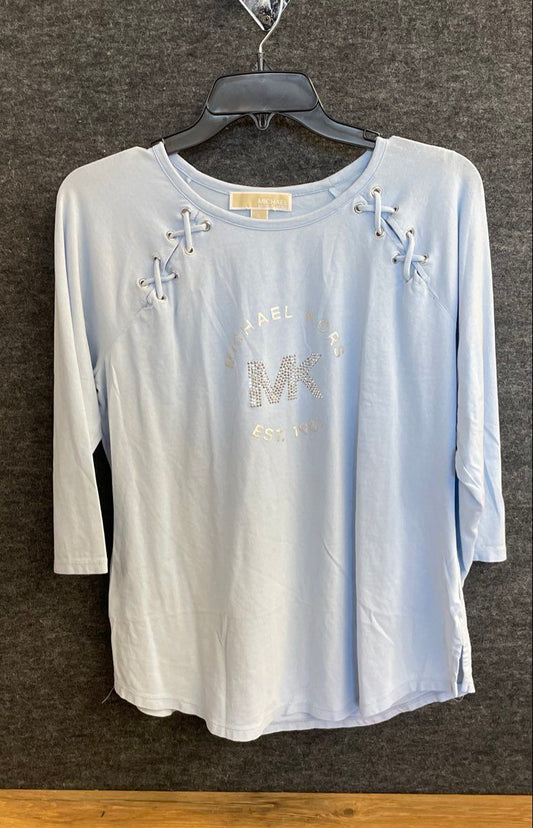 Michael Kors Women's Light Blue Rhinestone Logo Lace Up Shoulder Top Sz L
