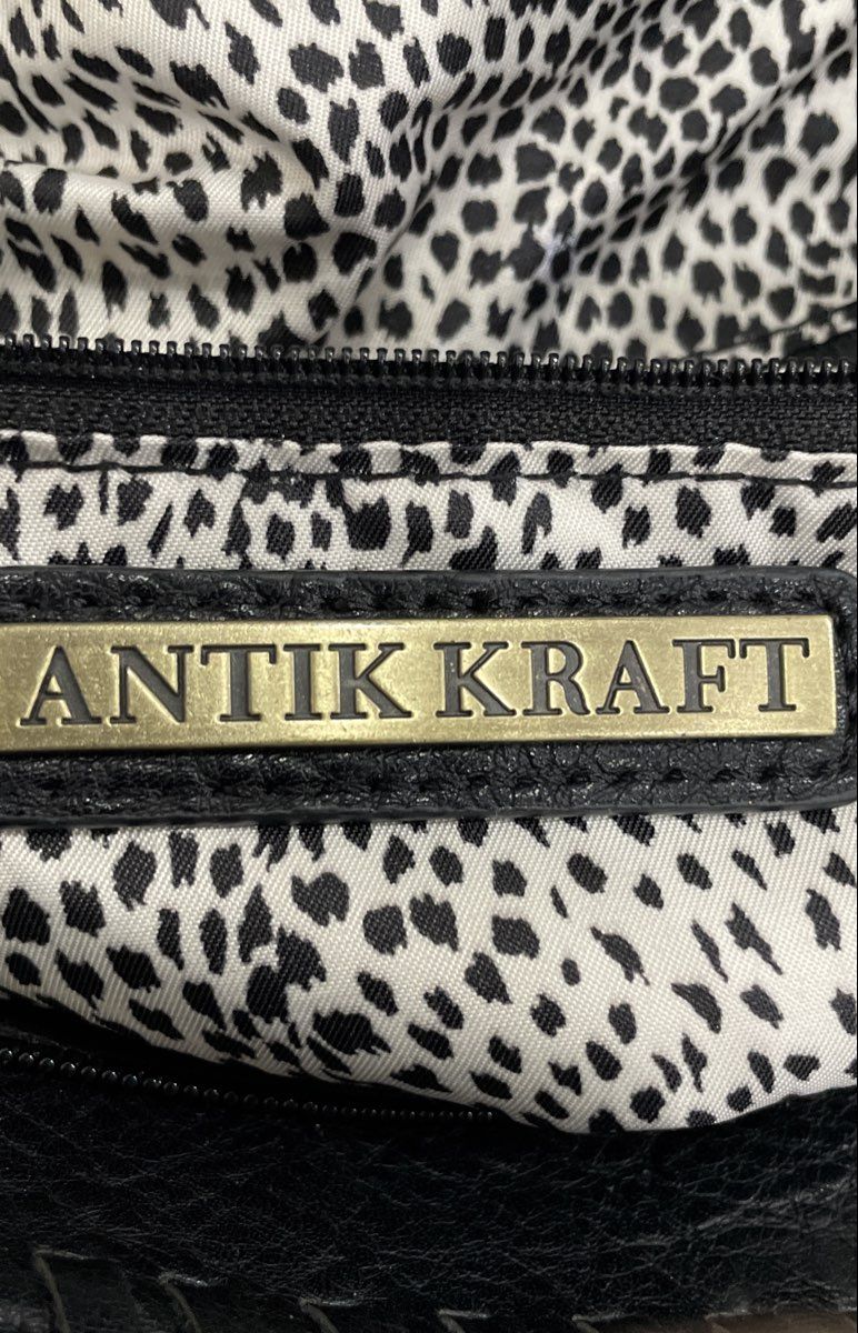 Antik Kraft Black Leather Large Tote Shoulder Bag Whipstitch Animal Print