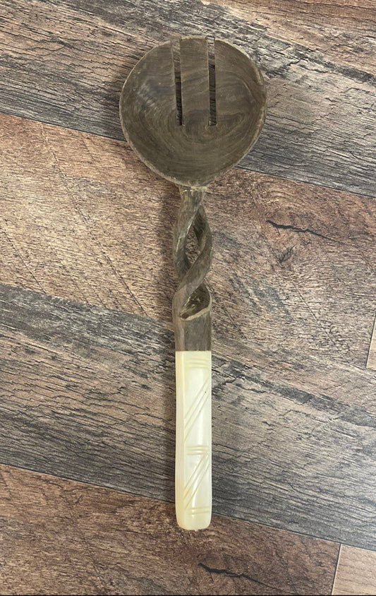 Vintage Hand Carved Wood & Bone Handle Twisted Slotted Salad Spoon Folk Art
