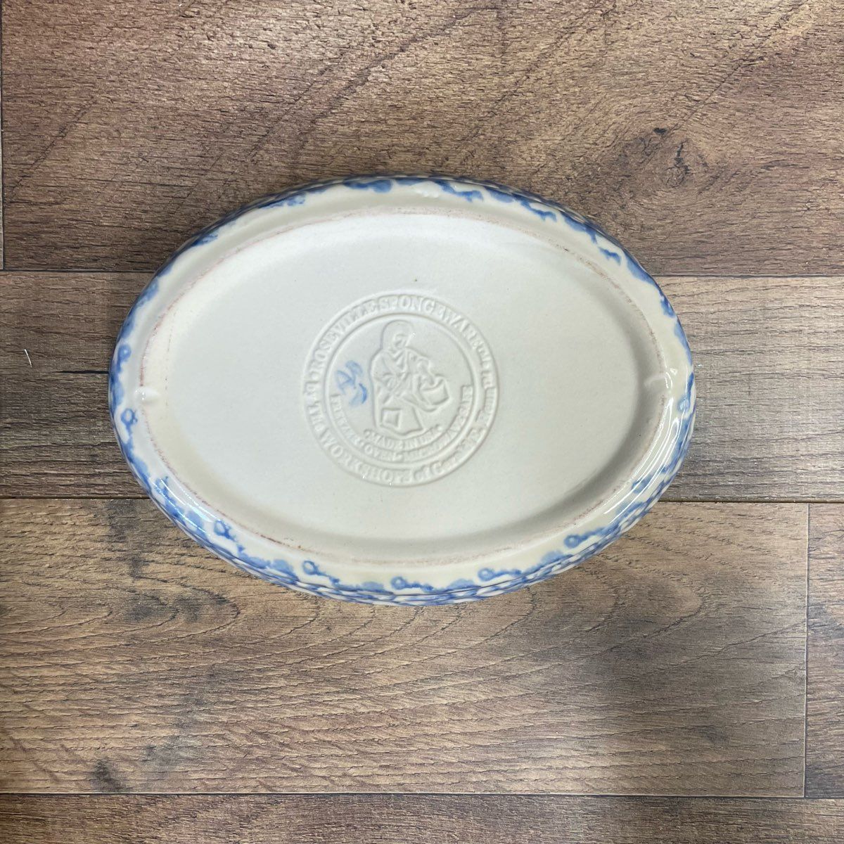 Blue Spongeware Oval Baking Dish by Workshops of Gerald E. Henn Pottery