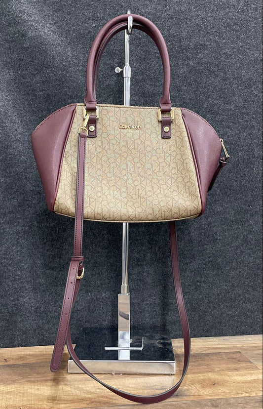 Calvin Klein Cream Maroon Leather Monogram Satchel Purse Crossbody Bag Gold Tone